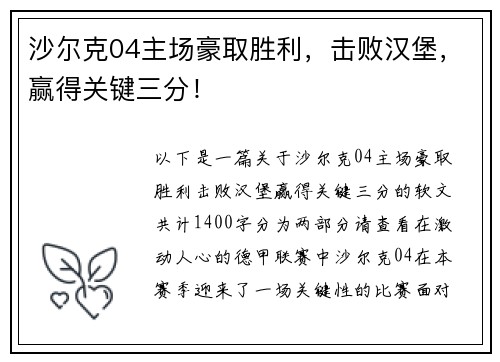 沙尔克04主场豪取胜利，击败汉堡，赢得关键三分！