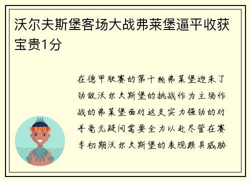 沃尔夫斯堡客场大战弗莱堡逼平收获宝贵1分